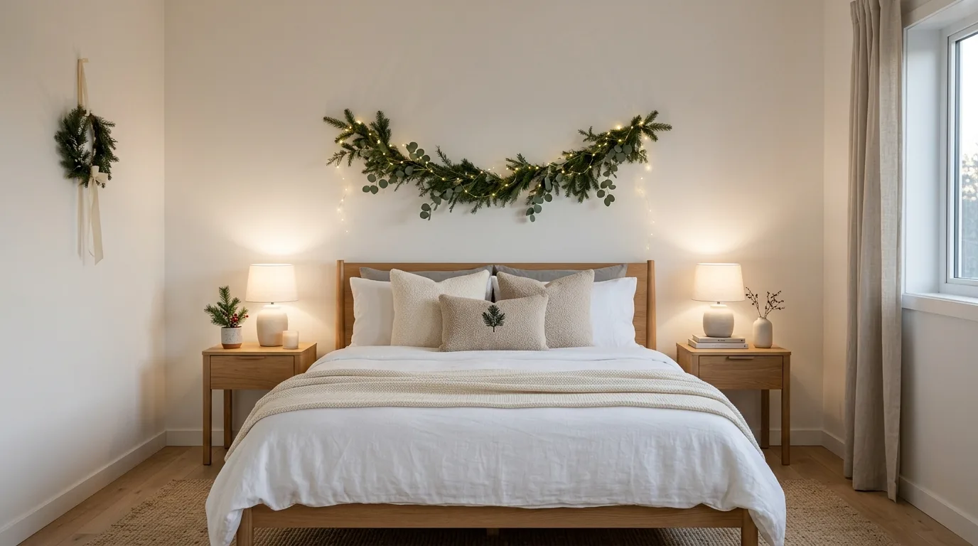 Holiday bedroom decorated with velvet accent pillows in rich festive tones.