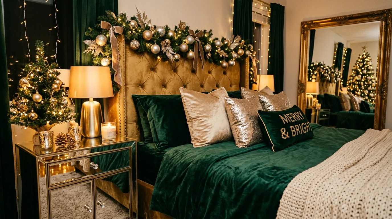 Cozy Christmas bedroom illuminated by warm string lights near the bed.