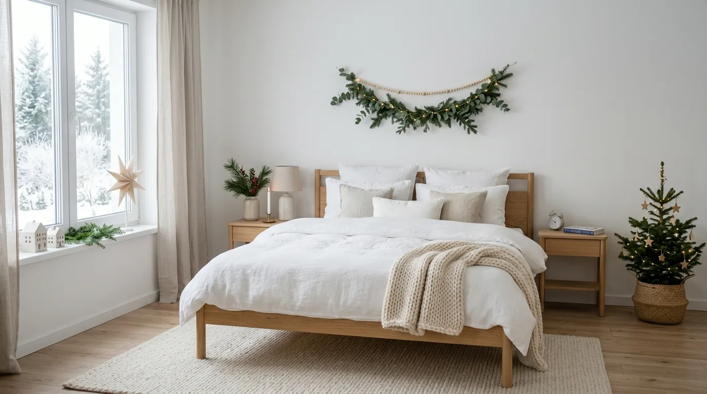 Christmas bedroom with a chunky knit throw folded at the foot of the bed.