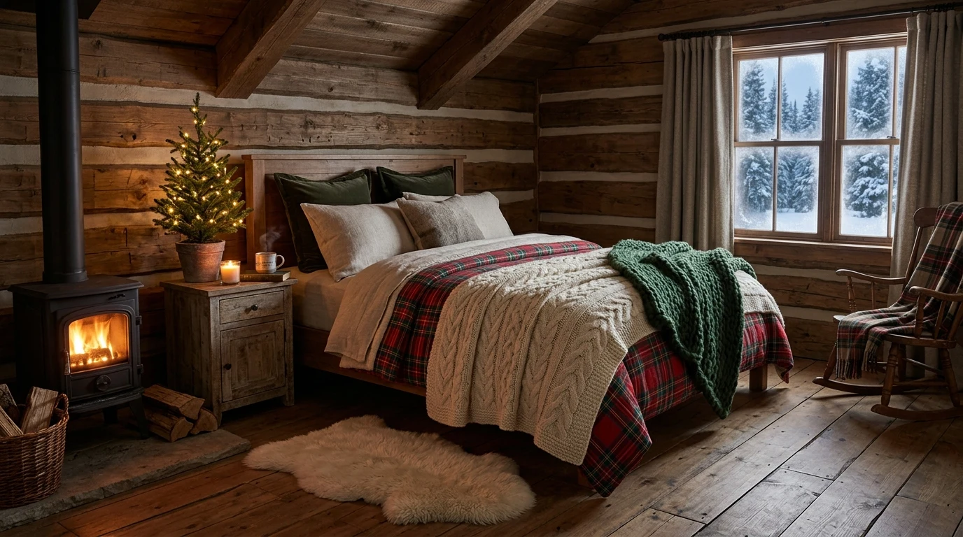 Bedroom window styled with a classic Christmas wreath and soft lighting.