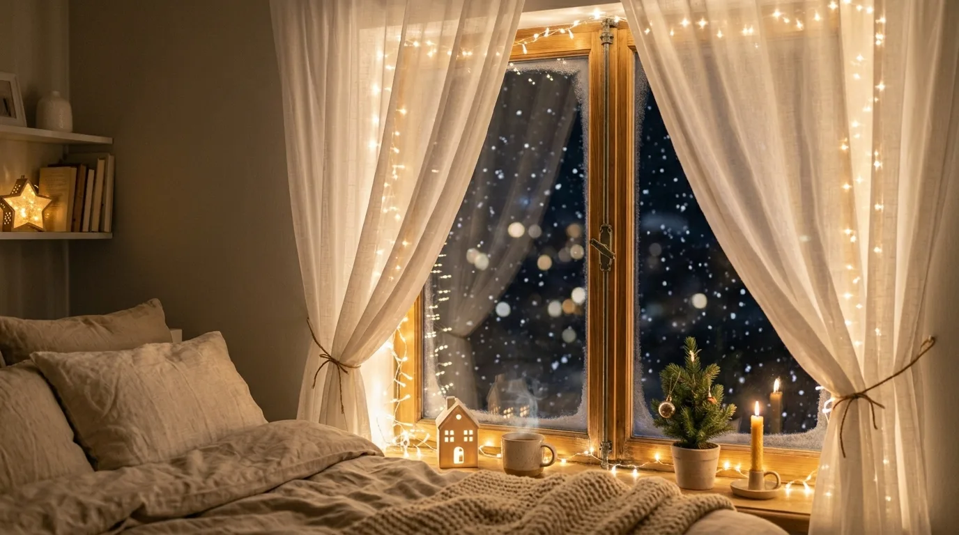 Nightstand in a Christmas bedroom styled with a holiday tray and candle.