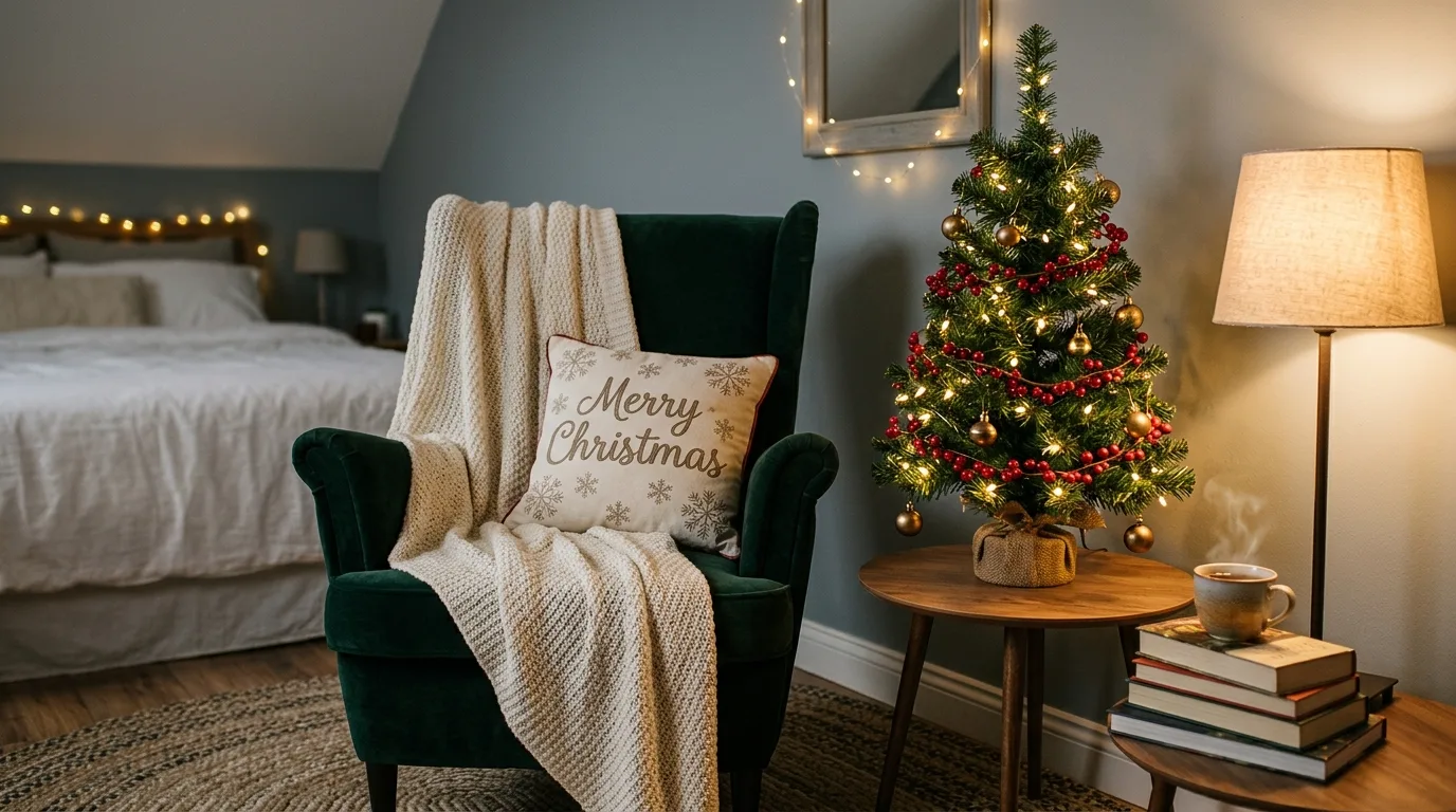 Holiday bedroom decorated with brass bells and ribbon accents.