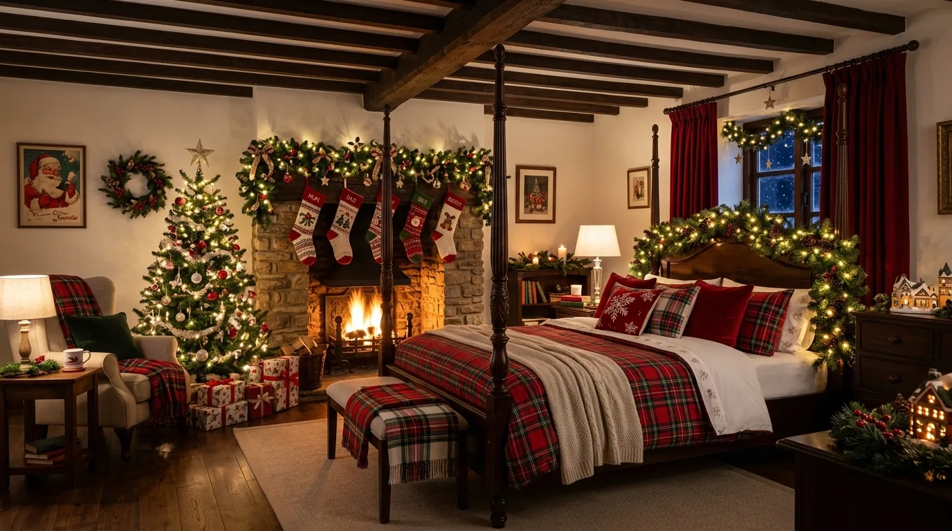 White Christmas bedroom with evergreen decor and a serene winter palette.