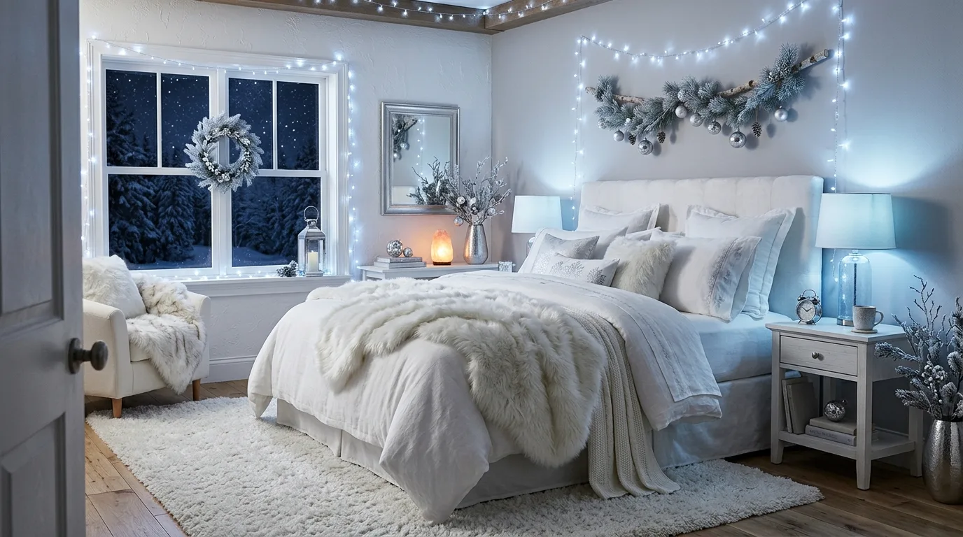 Dresser in a cozy bedroom styled with woodland Christmas accents.