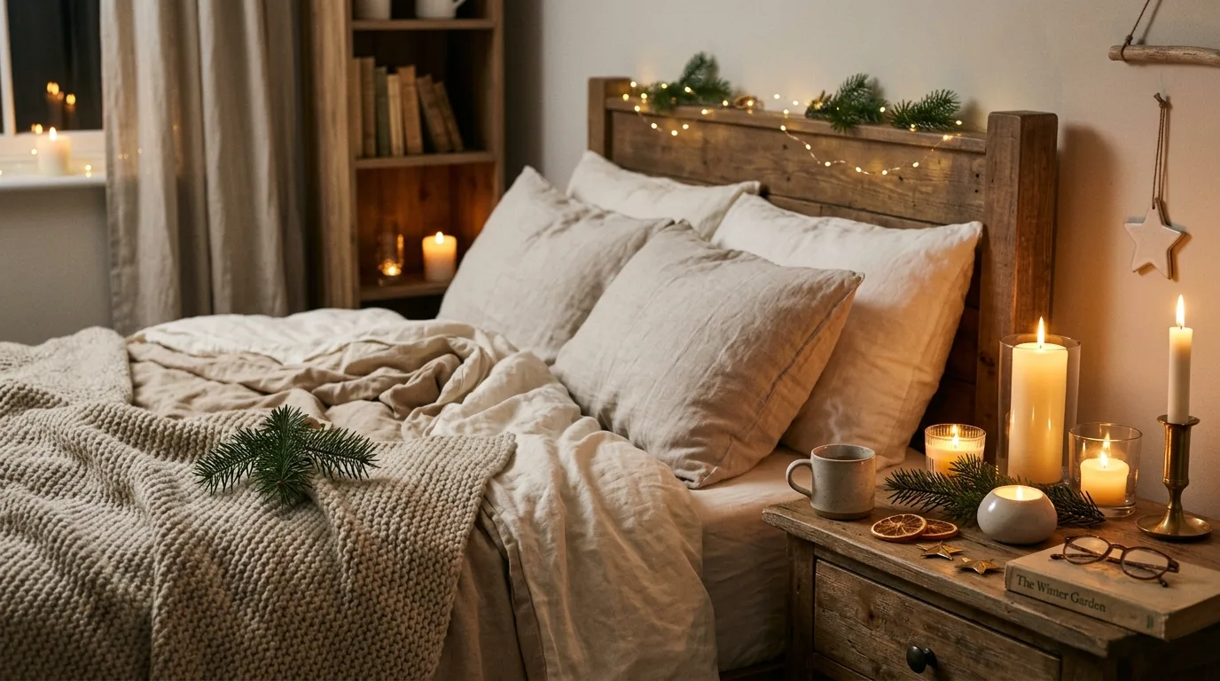 Christmas bedroom with layered candlelight creating a warm evening mood.