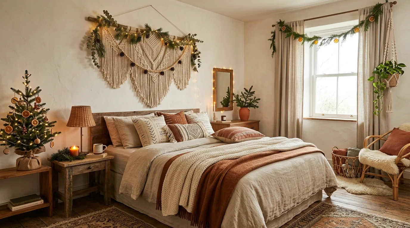 Christmas bedroom with a festive bench styled at the foot of the bed.