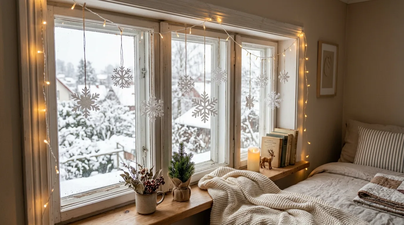 Holiday bedroom with stockings displayed on a decorative ladder.