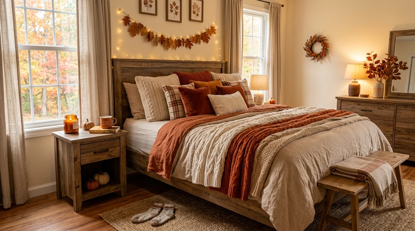 Cozy fall bedroom styled as a warm autumn retreat with layered texture.