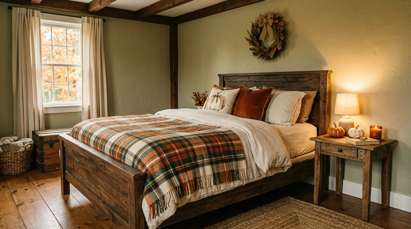Fall bedroom with a chunky knit throw folded at the foot of the bed.