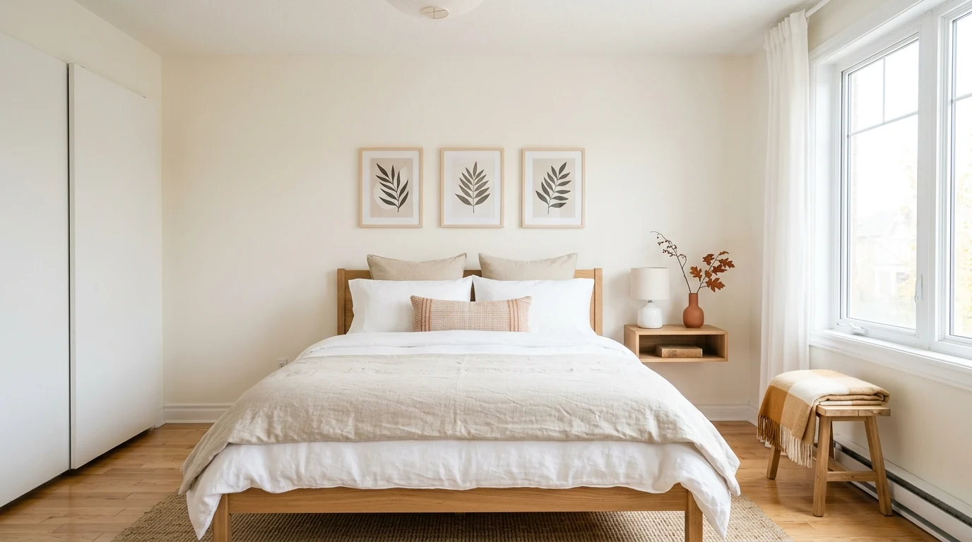 Autumn bedroom styled with muted fall accent pillows.