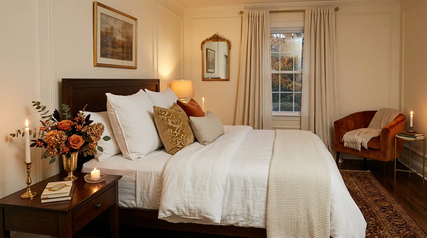 Fall bedroom nightstand styled with candlelight and warm seasonal accents.