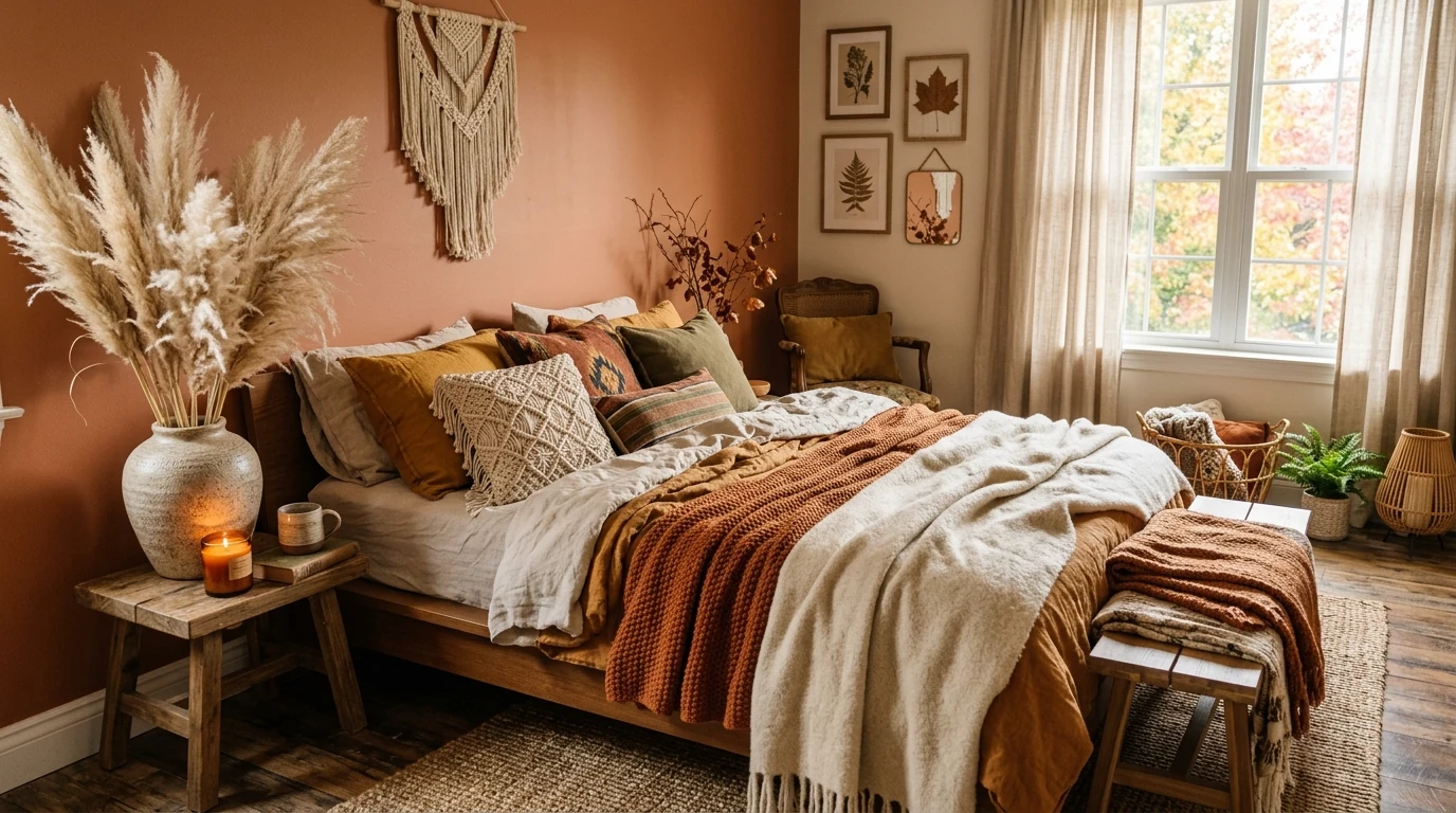 Bedroom dresser decorated with dried florals for a fall seasonal touch.