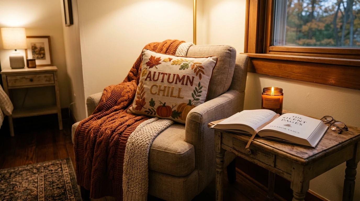 Cozy fall bedroom layered with plaid accents for a cabin-inspired look.