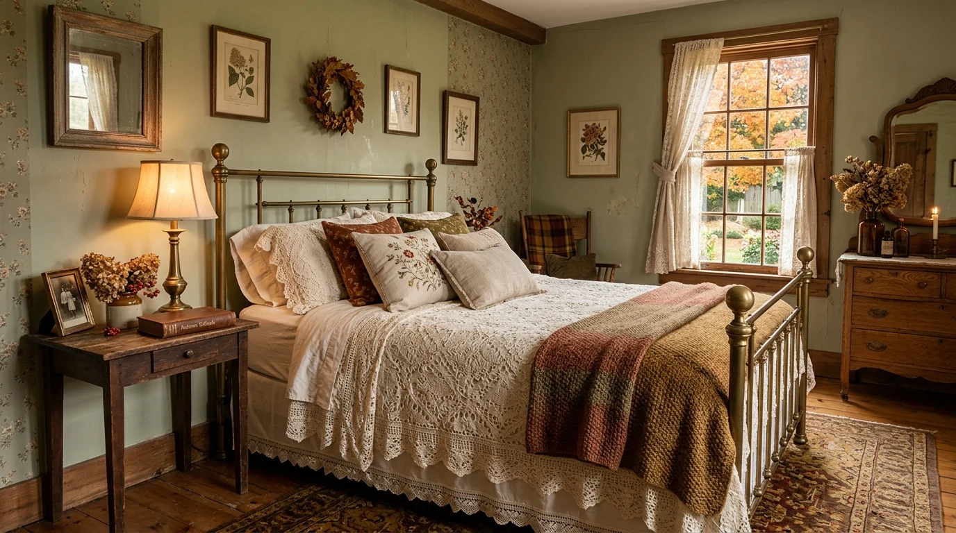 Fall bedroom with earth-tone curtains and soft seasonal textiles.
