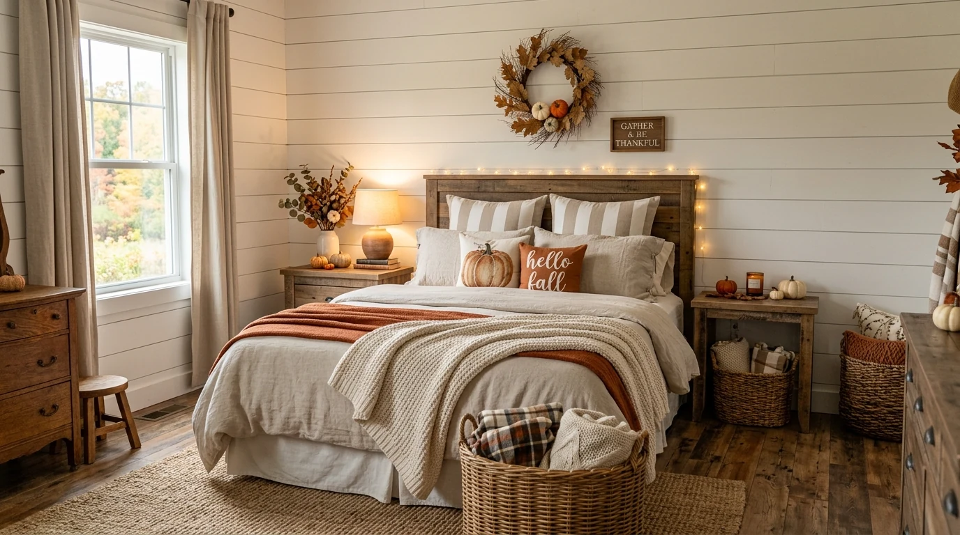Autumn bedroom mixing natural wood tones with soft linen bedding.