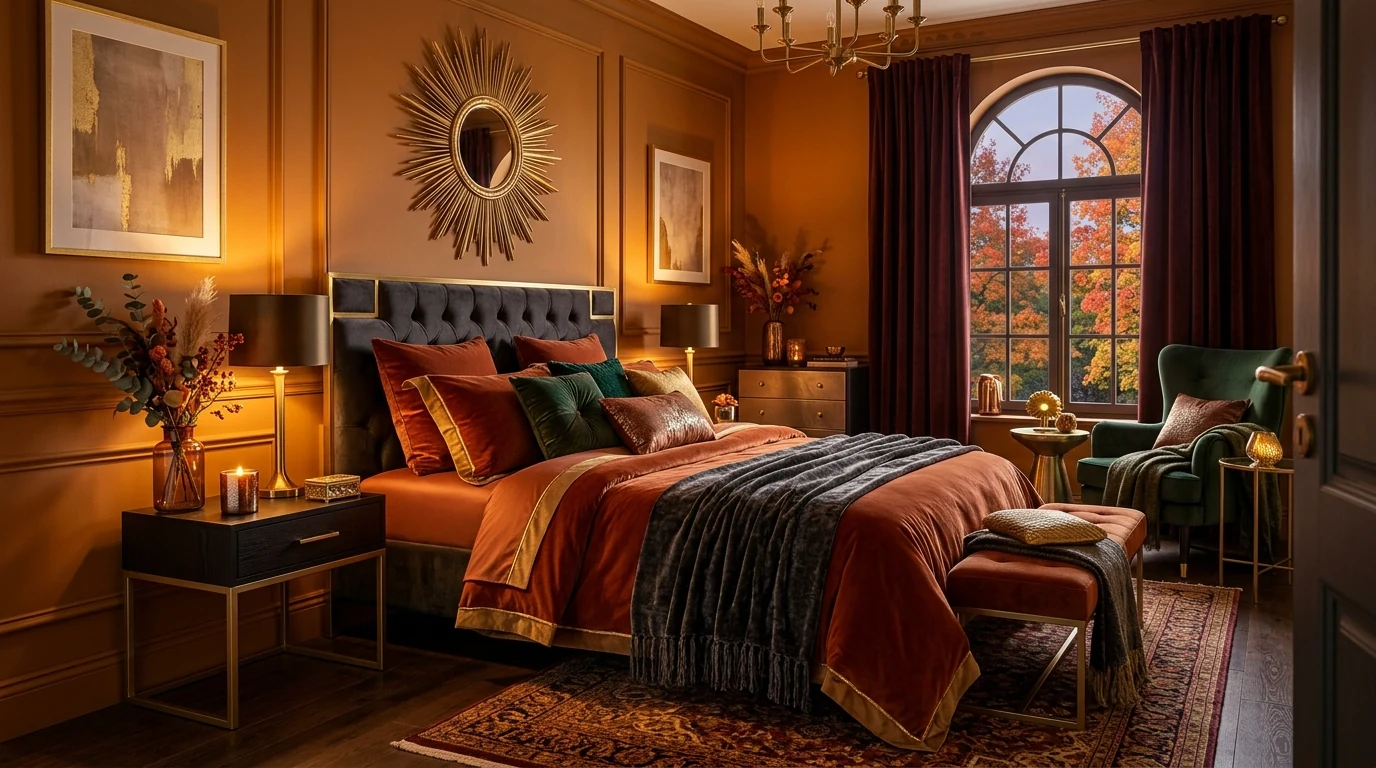 Warm fall bedroom lit with layered lamps for cozy cooler evenings.