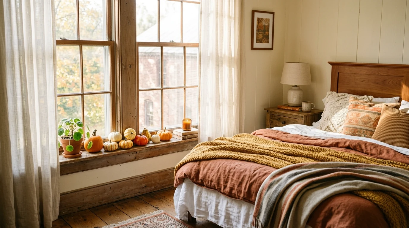 Fall bedroom bench styled with folded blankets and seasonal textiles.