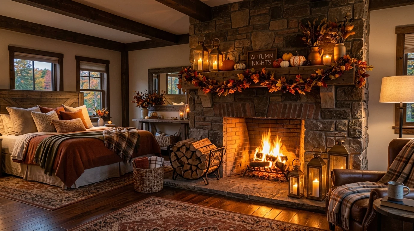 Bedroom styled for fall with subtle pumpkin and leaf accents.