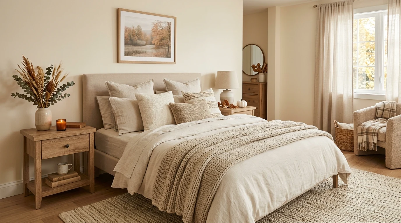 Quiet cozy fall bedroom with a restful autumn palette and layered texture.