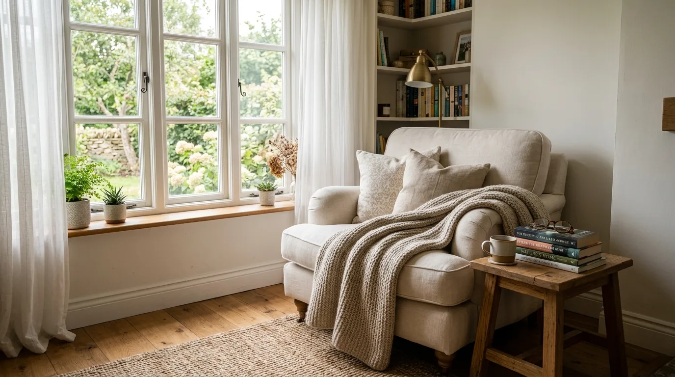 Cozy home nook with an upholstered armchair, knit throw, side table, and bright window.