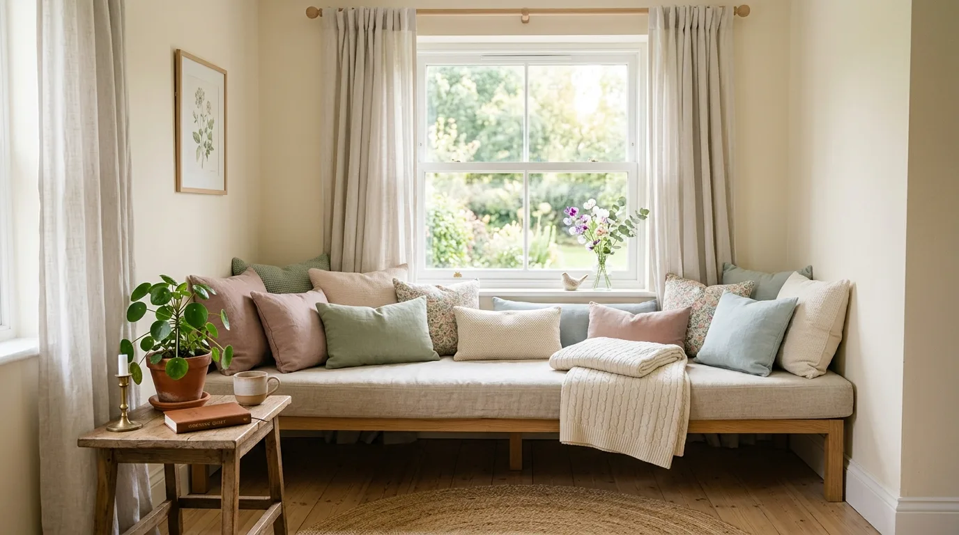 Home reading nook beside bookshelves with a warm task lamp.
