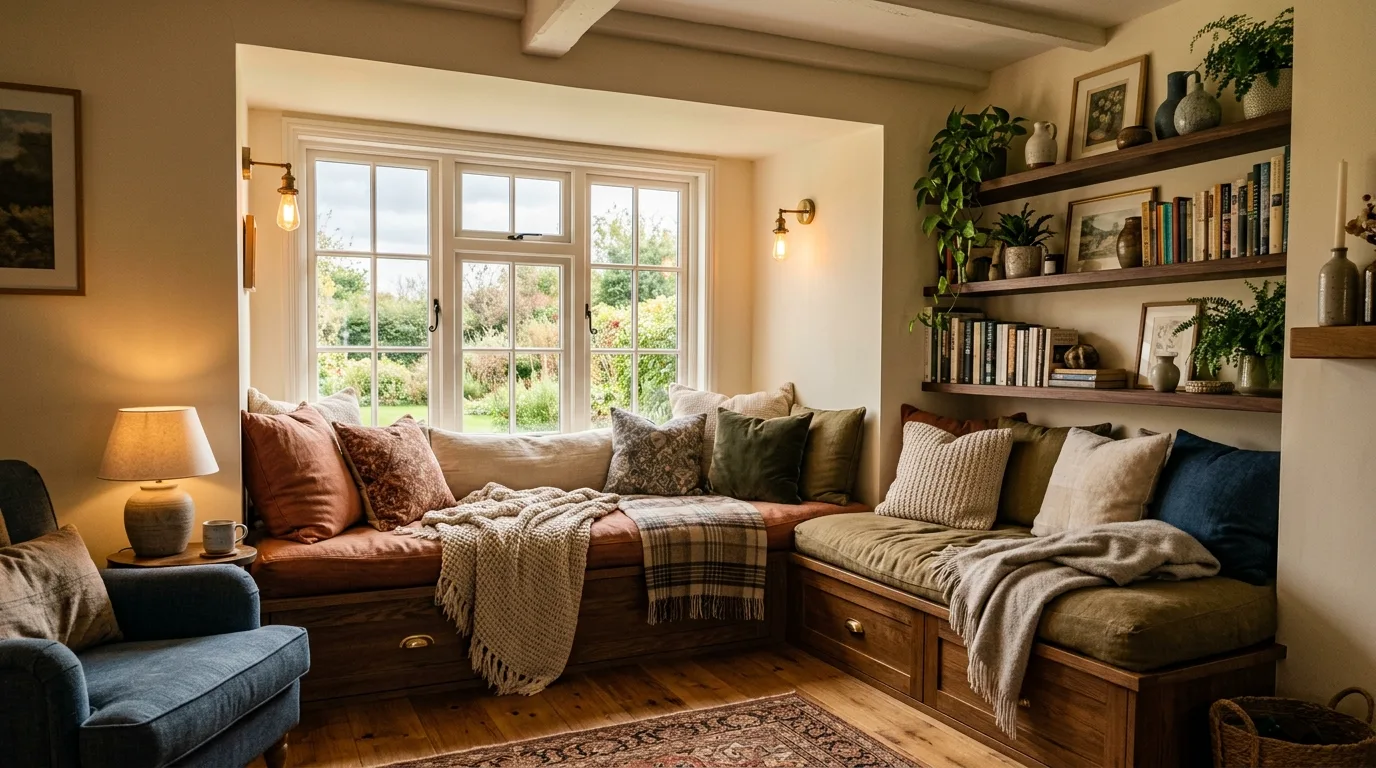 Cozy bedroom nook with an armchair, pillows, and a soft throw.
