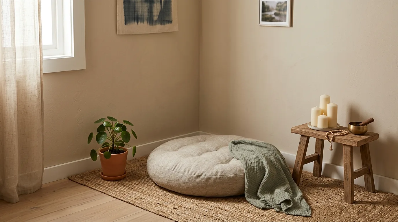 Compact home nook created on a landing with a bench and soft textiles.