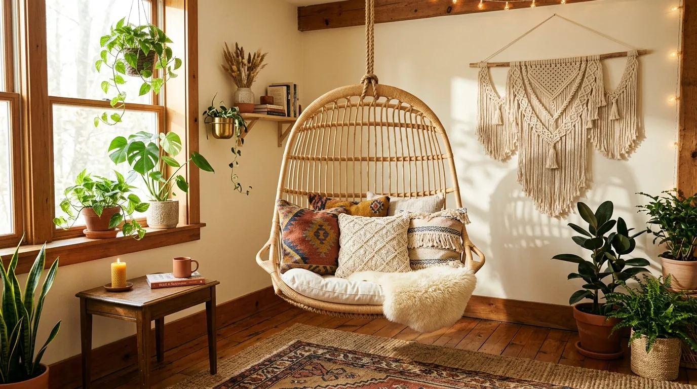 Cozy children’s reading nook with books, cushions, and soft textures.