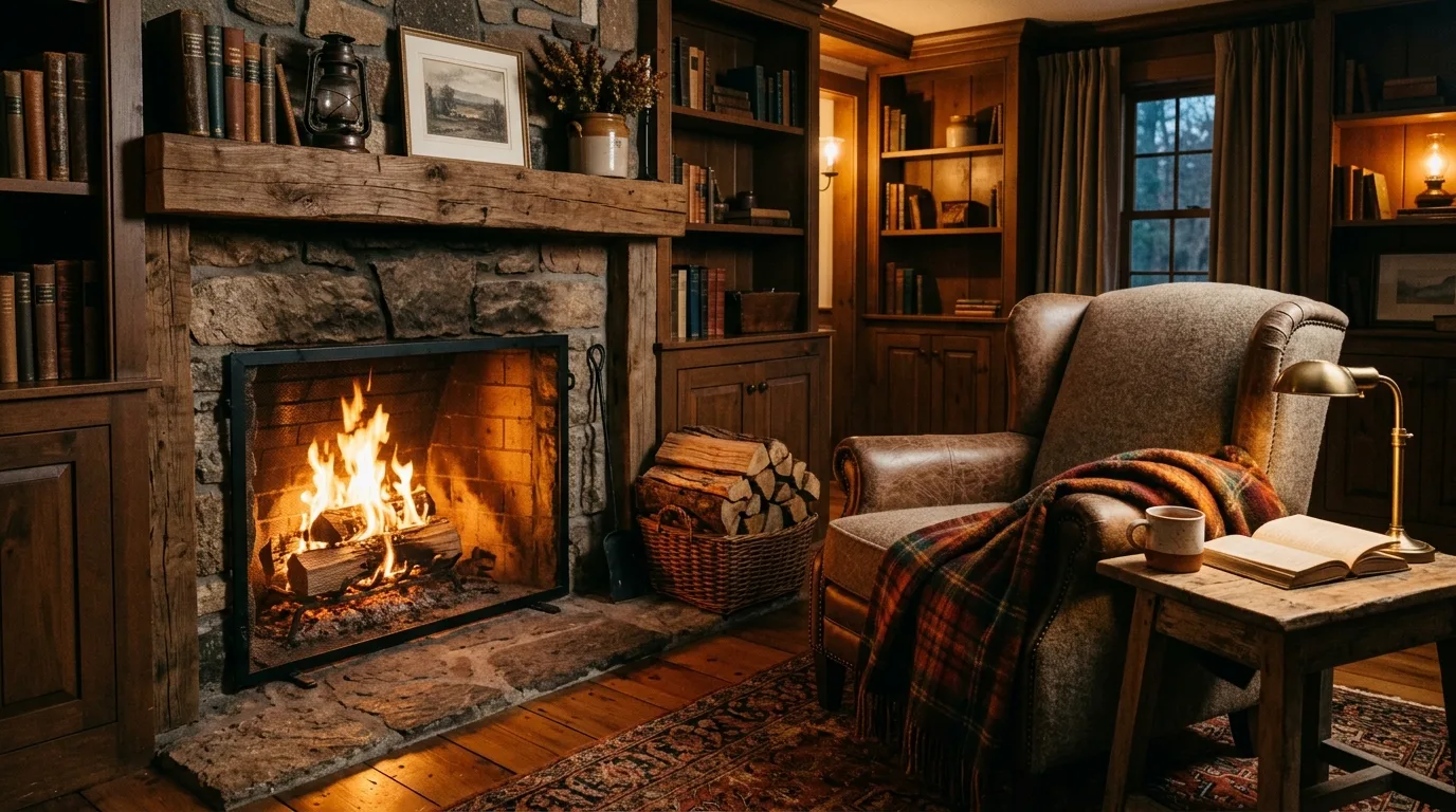 Cozy home nook beside a fireplace with a chair and throw blanket.