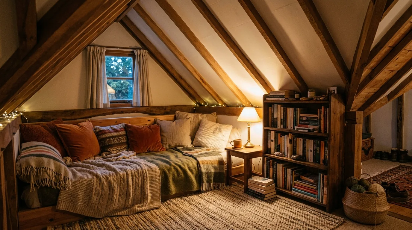 Built-in home nook bench with hidden storage and layered cushions.