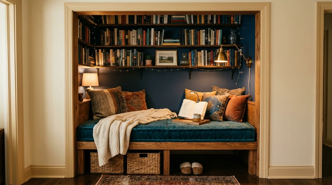 Minimal neutral home nook with soft textures and a quiet reading setup.