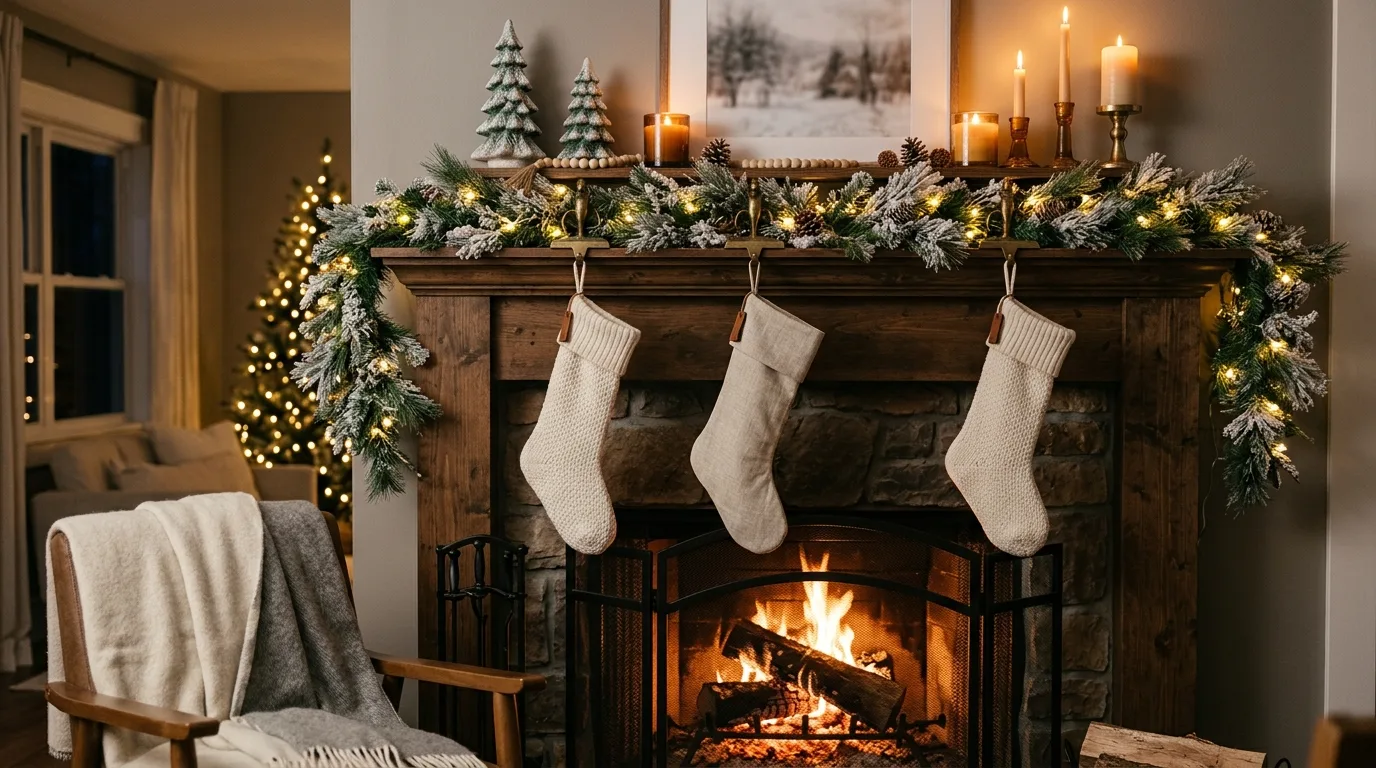 Cozy winter mantel with layered greenery, candles, and soft cream stockings above a fireplace.