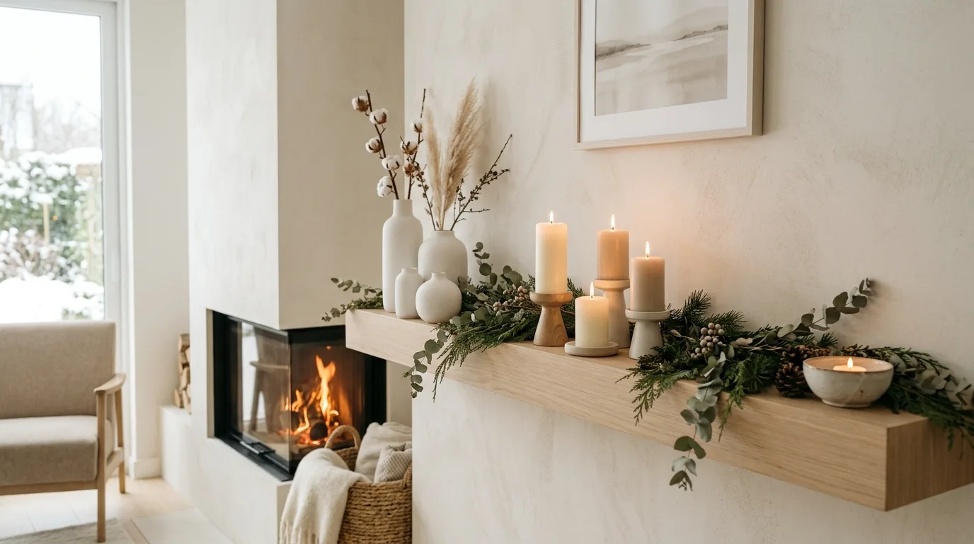 Winter mantel decorated with cream knit stockings and warm wood tones.