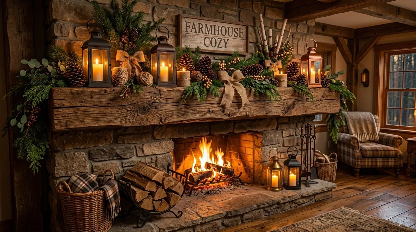 Mantel styling with mixed-height candles and soft winter decor.