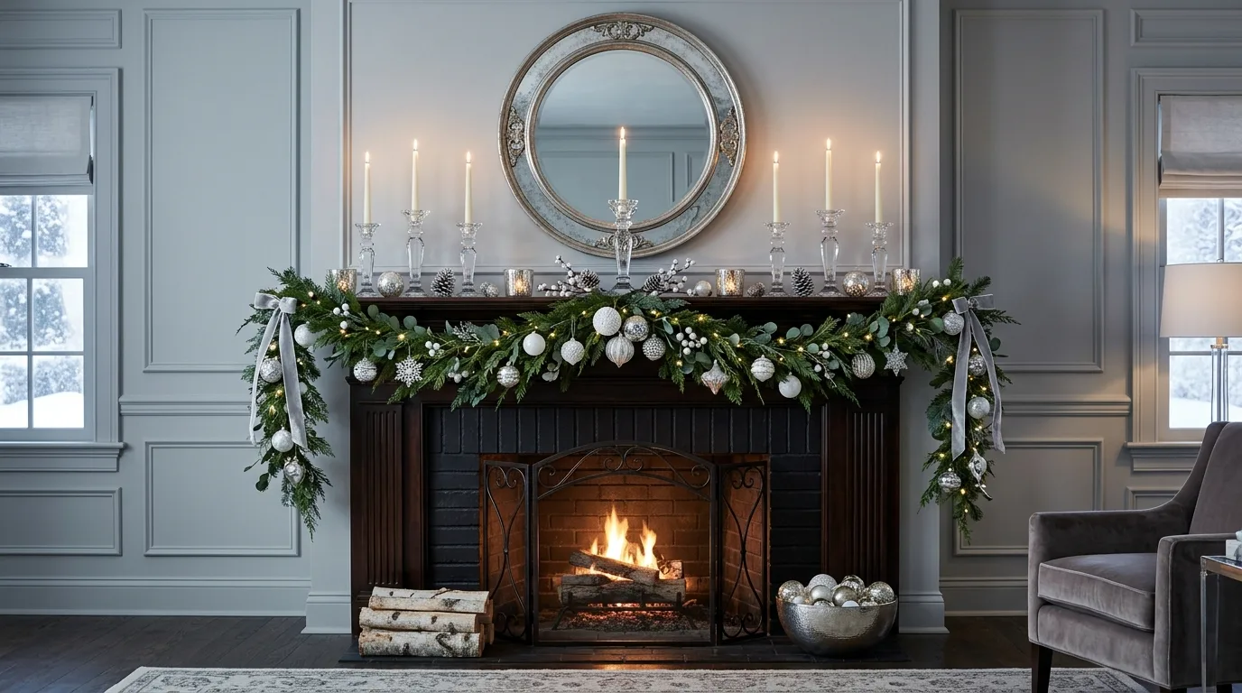 Winter fireplace mantel with antique mirror and layered seasonal decor.