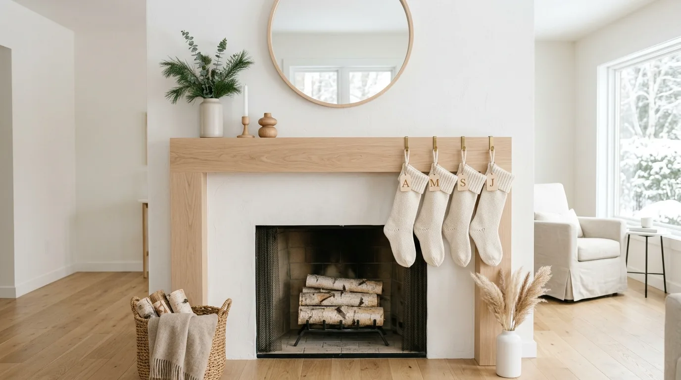 Winter mantel featuring a mini village house display and greenery.