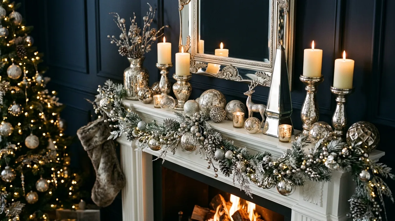Mantel decorated with velvet ribbon, brass bells, and winter greenery.