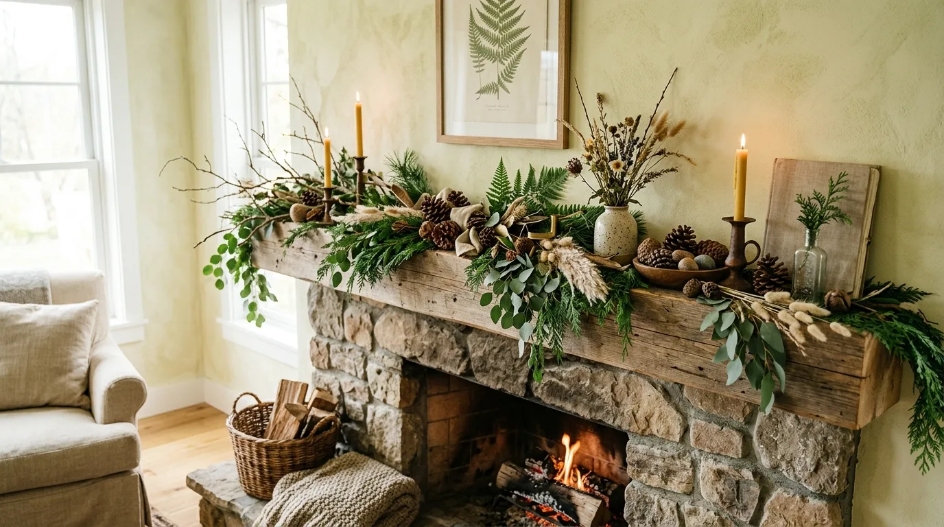 Cozy winter mantel styled with pinecones, birch accents, and candles.