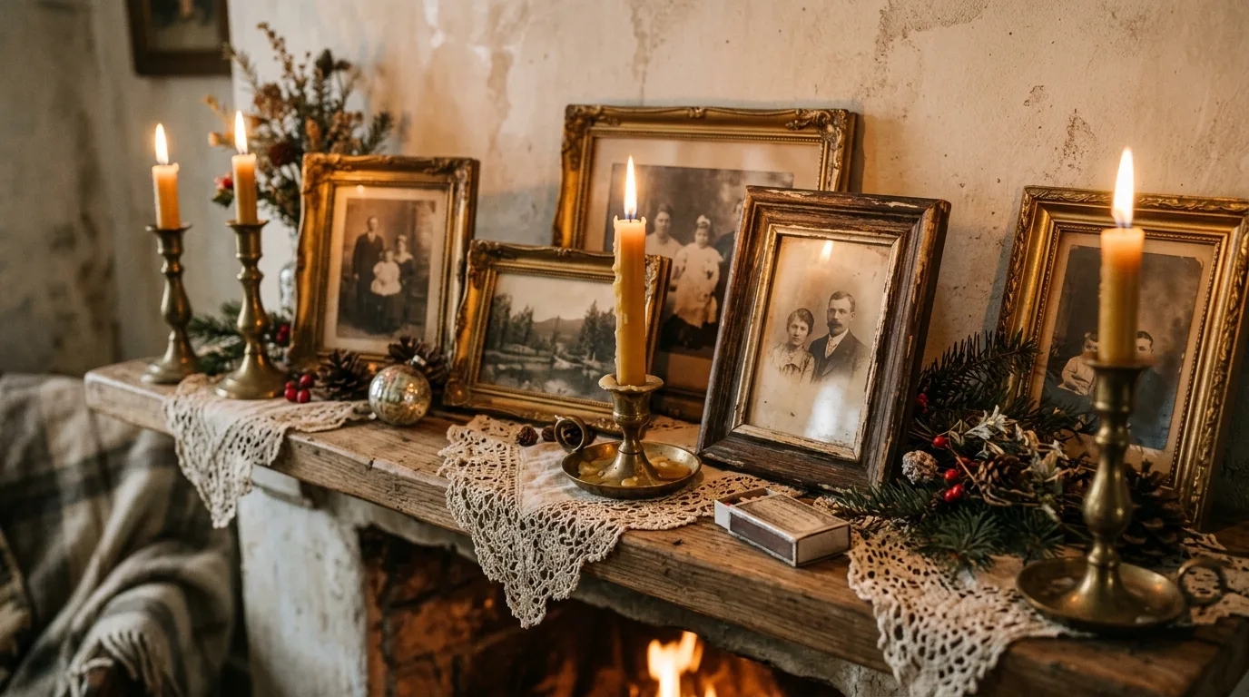 Asymmetrical winter mantel styling with garland flowing to one side.