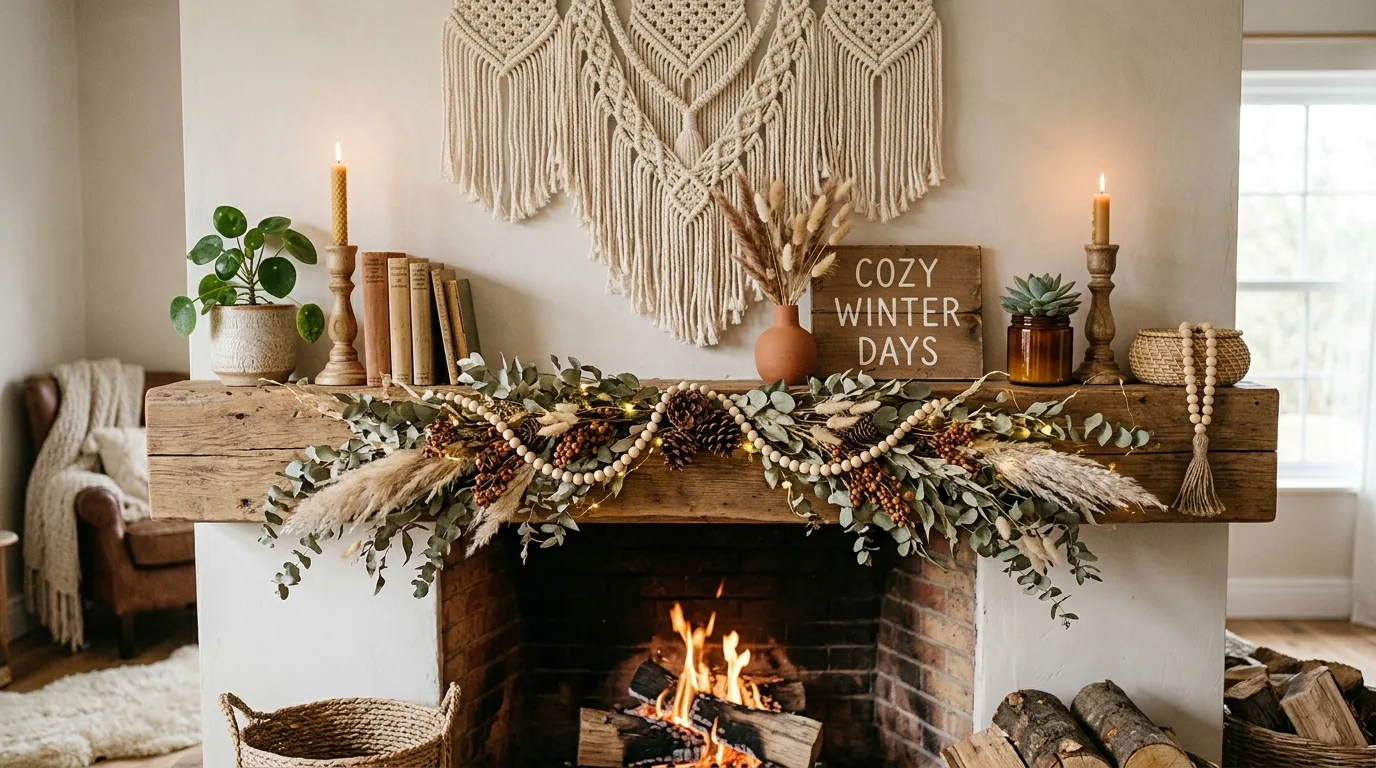 Winter mantel with soft white ceramic trees and neutral decor.