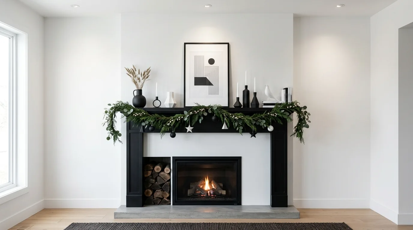 Winter mantel with pale decor and black accents for contrast.
