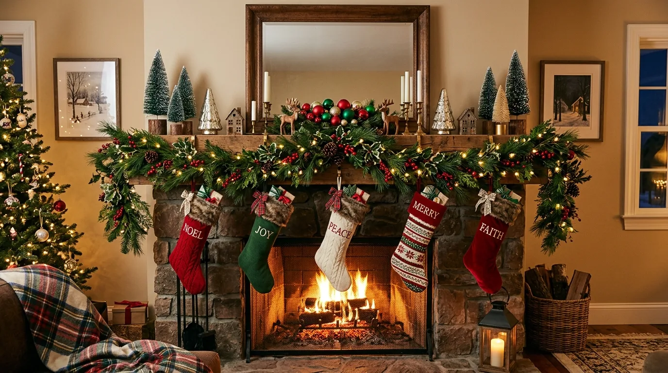 Transitional winter mantel with greenery that works beyond Christmas.