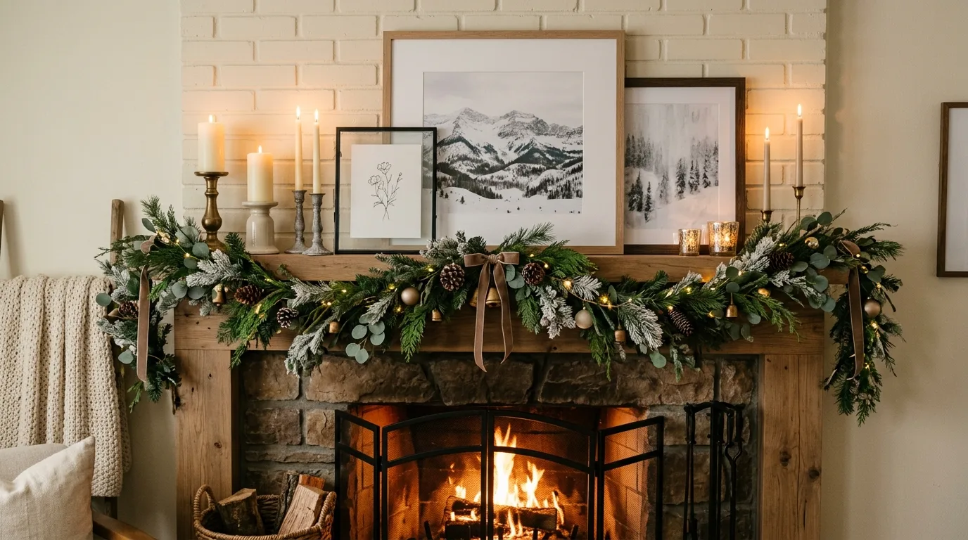 Mantel updated with framed winter artwork and soft neutral styling.