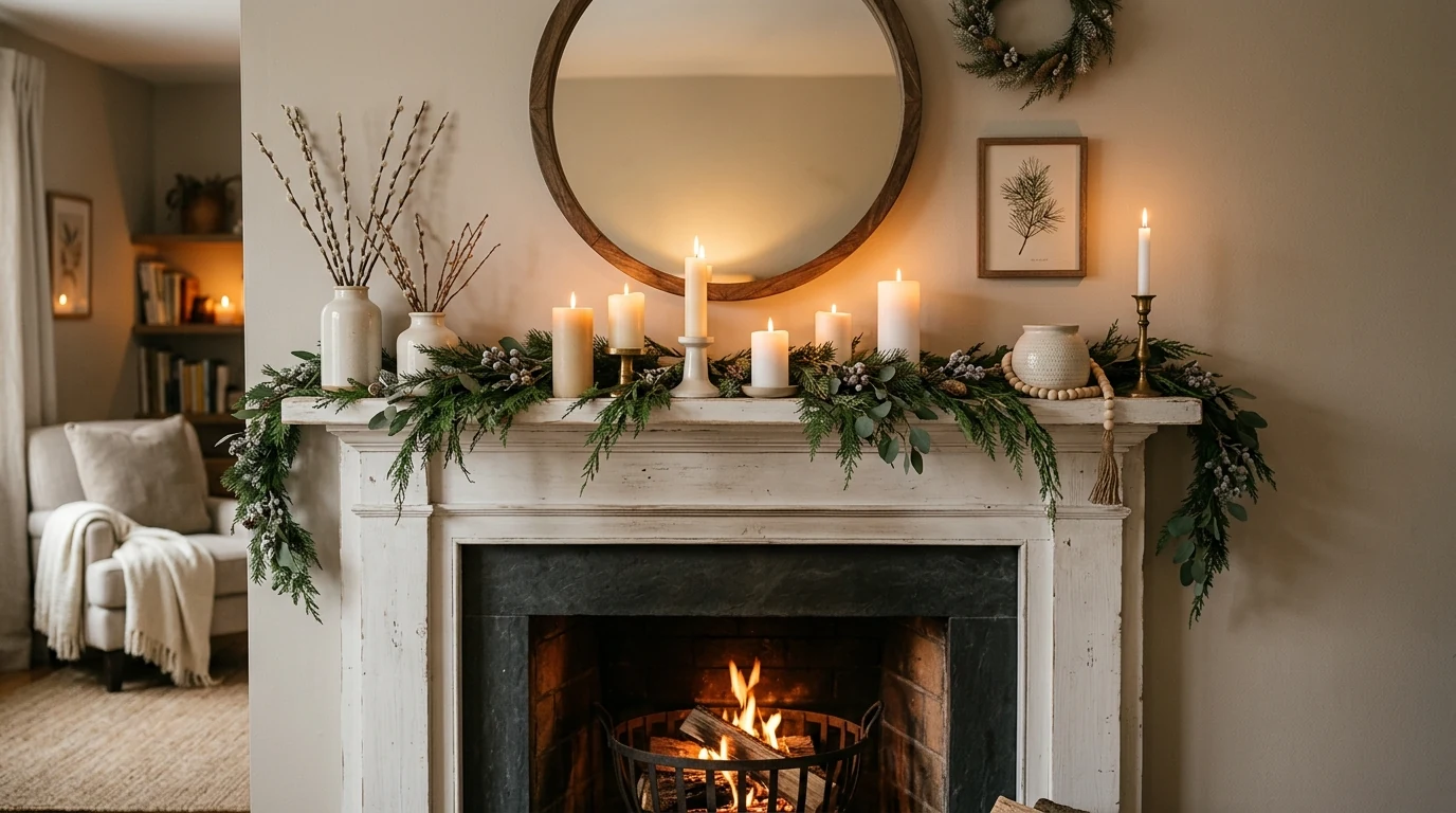Cozy winter mantel styled for after Christmas with candles and layered greenery.