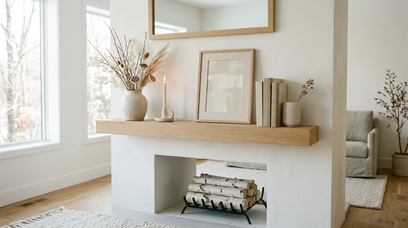 Winter mantel decorated with cream knit stockings and warm wood tones.