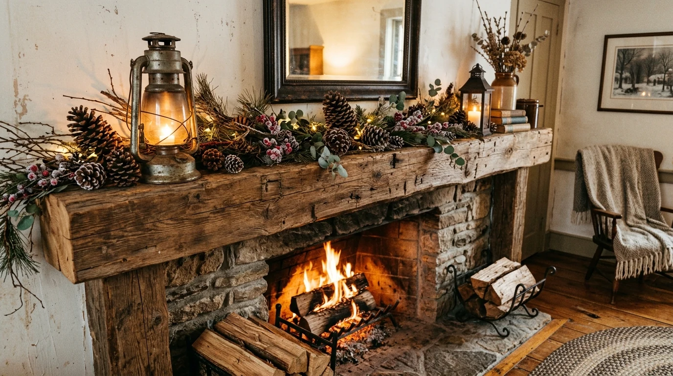 Mantel styling with mixed-height candles and soft winter decor.