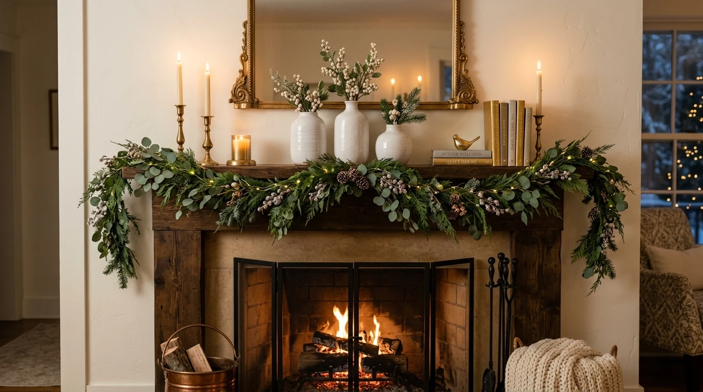 Winter fireplace mantel with antique mirror and layered seasonal decor.