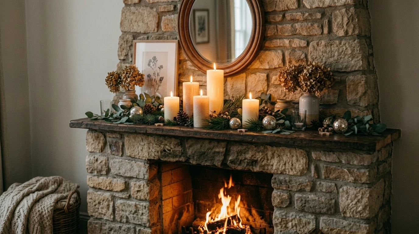 Winter mantel featuring a mini village house display and greenery.
