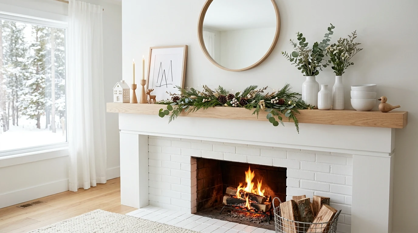 Mantel decorated with velvet ribbon, brass bells, and winter greenery.