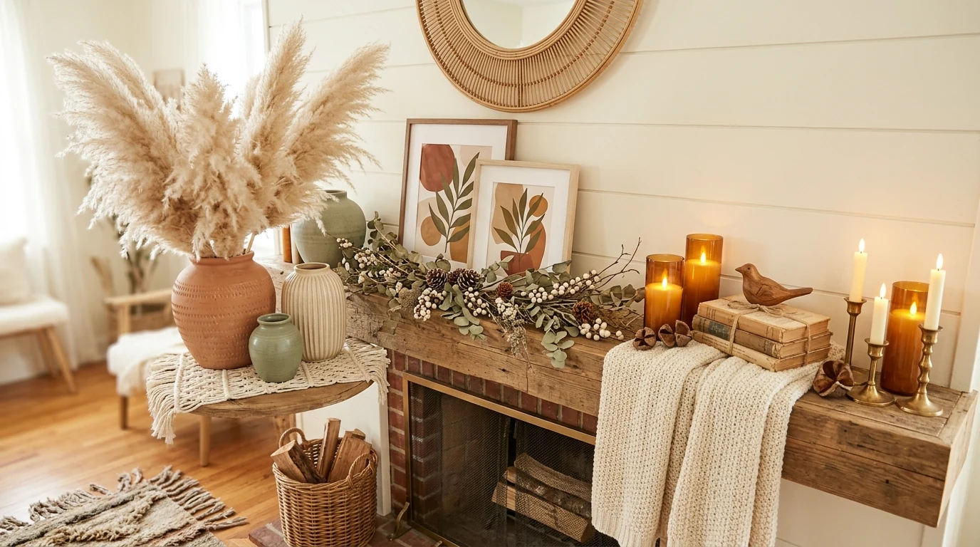 Cozy winter mantel styled with pinecones, birch accents, and candles.